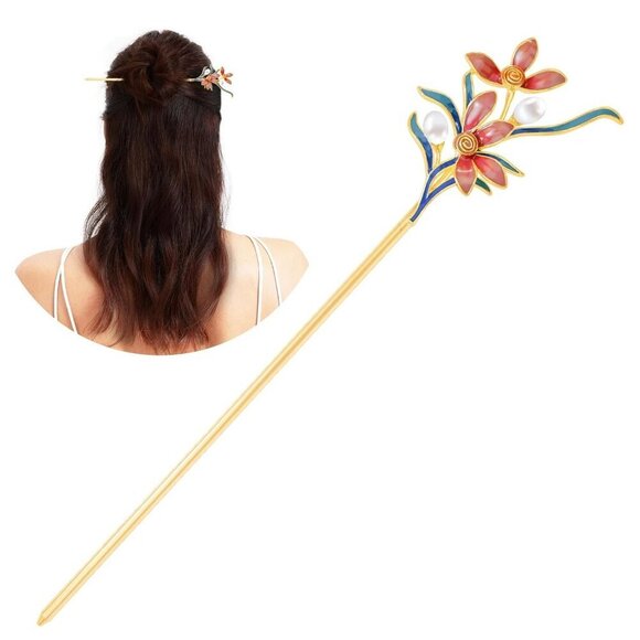 Hair Stick Jewelry-Grade Metal Pearl Flower Dunhuang Style Enamel 5.9\